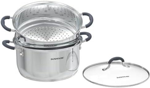 Sunhouse - 3.1 Quarts Steamer Pots With Lid 2-Tier Multipurpose Stainless Steel Steaming Pot Cookware For Vegetable, Dumpling, Sauce, Food - Triple Bottom, Measurement Line