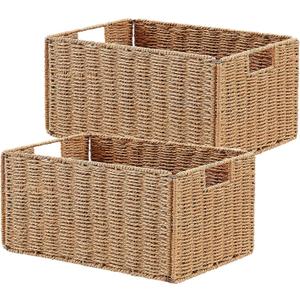 Wicker Storage Basket, Set of 2 Hand-Woven Paper Rope Wicker Basket, Small Storage Baskets for Organizing Toilet Paper, Foldable Large Cube Storage Organizer Bins for Shelves (Natural)