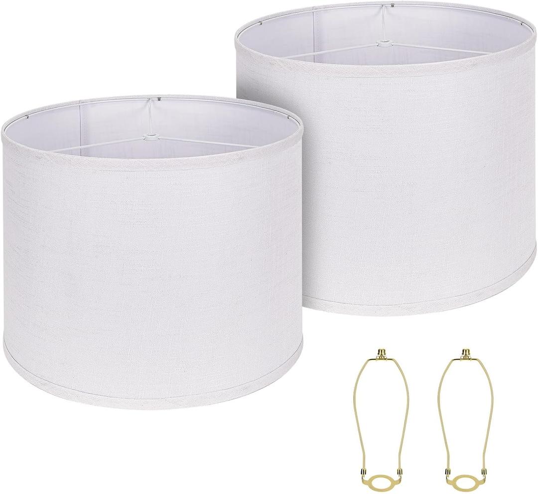 Drum Lamp Shades Set of 2, White Large Lampshades 15" Top X 15" Bottom X 12" Height, ALUCSET Large Lampshades Spider Fitter, Natural Linen Lamp Shade, Easy Assembly Required with 2 Lampshade Holders