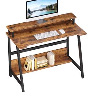 ALISENED 31.5 Inch Small Computer Desk with Storage for Bedroom Study Writing Home Office Table with Monitor Stand for Homeschool Brown
