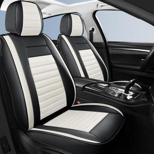 HChengkikz Car Seat Covers Front Pair, Breathable Nappa Leather Seat Covers for Cars, Universal Auto Interiors Car Seat Cushions for Most Sedans SUV Truck (2 PCS Front Seat, Black + Cream)