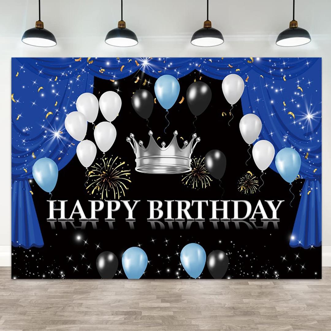 7x5ft Happy Birthday Backdrop Black White Balloon Theme Photography Background Glitter Blue Curtain Crown Fireworks Boys Kids Birthdays Party Banner Decorations Men Parties Photo Booth Prop (Color 1)