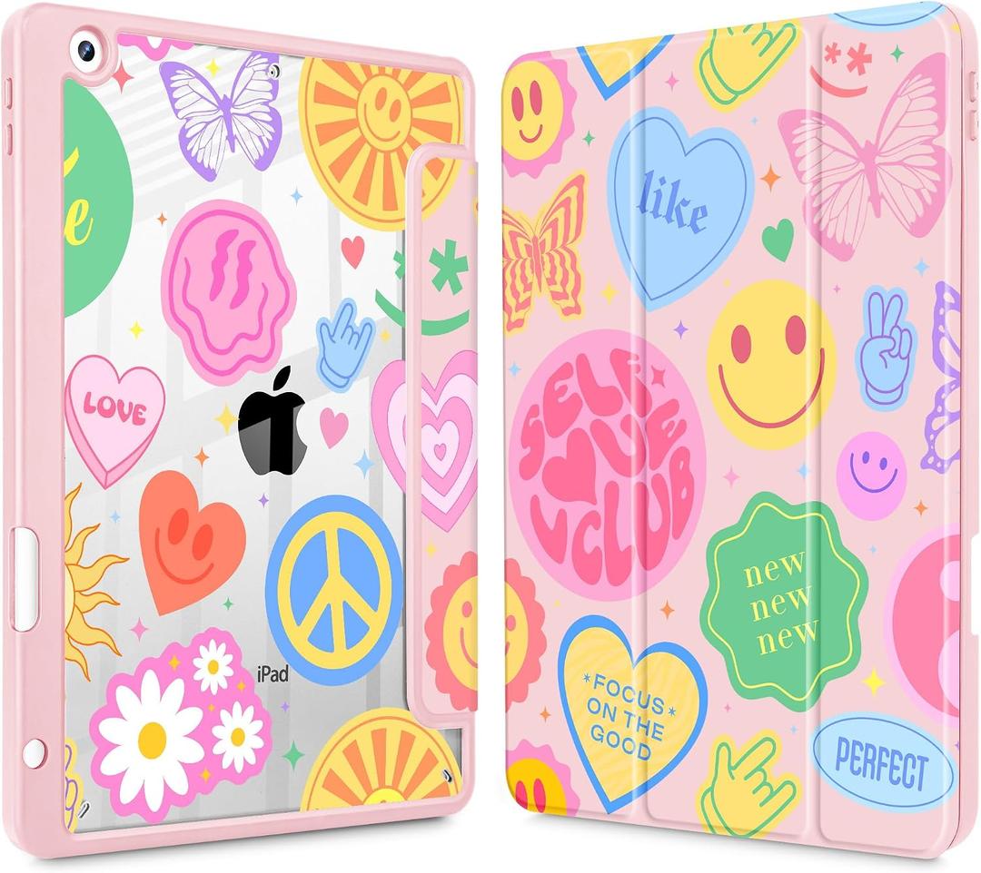 May Chen for iPad 9th Generation with Pencil Holder, iPad 8th/7th Gen Case 10.2-inch, [Penceil Holder] Trifold Stand Auto Wake/Sleep Clear TPU Protection Back Cover, Smile Art