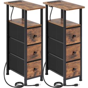Narrow End Tables Living Room Set of 2 with Charging Station, Skinny Side Table with Fabric Drawers, Slim Nightstand for Bedroom, Small Spaces, Couch, Brown, HETNDP03BR