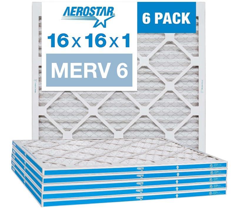 Aerostar 16x16x1 MERV 6 Pleated Air Filter, AC Furnace Air Filter, 6 Pack (Actual Size: 15 3/4"x15 3/4"x3/4")