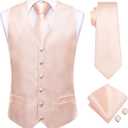 Hi-Tie Mens Peach Pink Silk Suit Vest Tie Set Paisley Formal Waistcoat Necktie Handkerchief Cufflinks for Business Wedding Tuxedo (White, M)