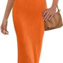 MEROKEETY Womens Summer Bodycon Knit Midi Dress 2026 Spring Beach Vacation V Neck Casual Sleeveless Ribbed Sweater Dresses (Orange, S)