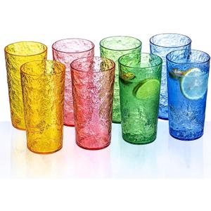 18oz Colorful Acrylic Glasses Drinkware (Set of 8), Ice-carved Design Stackable Shatter-Proof Plastic Cups, Reusable Plastic Drinking Tumblers, BPA-Free, Dishwasher-Safe (Multicolor)