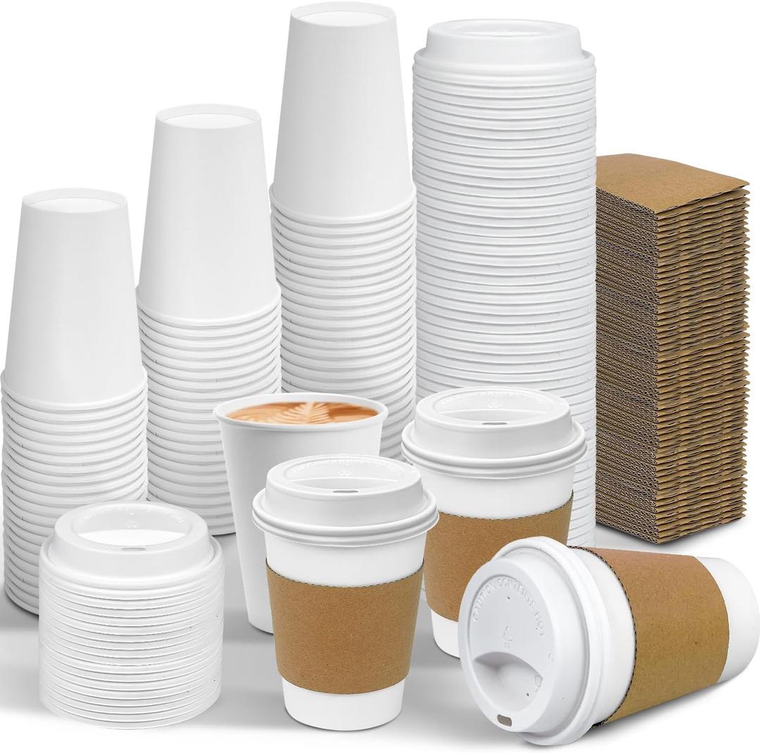 Ginkgo 100 Pack 12 oz Leak-Proof Coffee Cups with Lids and Sleeves Disposable To Go Hot Travel Paper Cups, Hot Chocolate, Cocoa, Tea, Coffee Bar Accessories