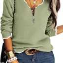Hongqizo Women's V Neck Long Sleeve Sweater Half Zipper Knit Sweater Casual Cricket Stripe Jumper Pullover Knit Tops (X-Large, Light Green)