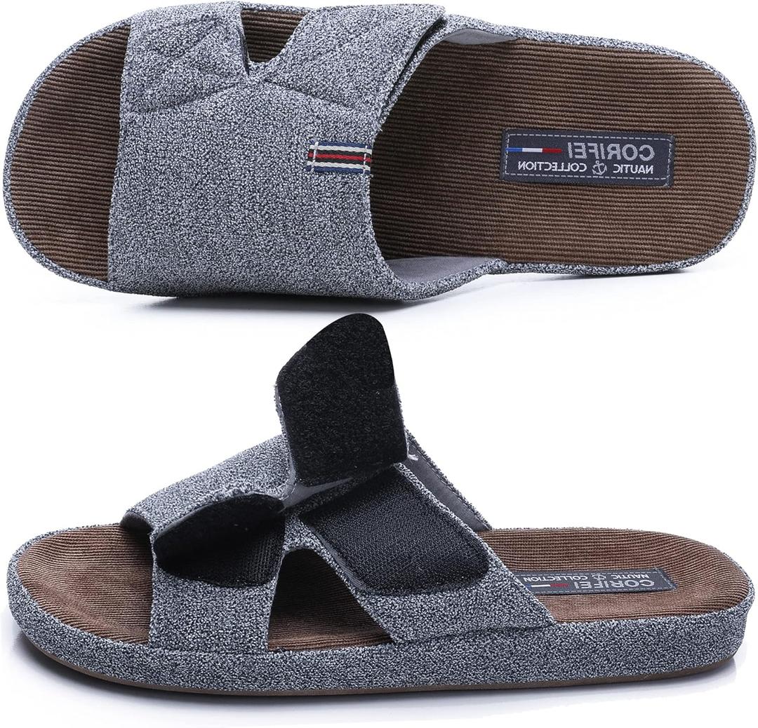 House Slippers for Men Open Toe Adjustable Home Slides with Low Arch Support and Rubber Sole Indoor Outdoor, Size 40