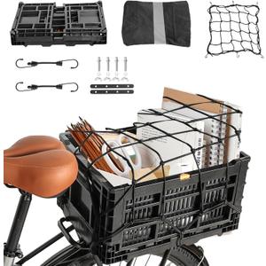 Rear Bike Basket, Foldable Rear Rack Bicycle Basket with Mesh Pocket Waterproof Cover Reflective Strip for Adult Bikes Easy to Assemble and Carry for Pets Fruit