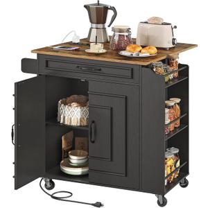 RALGEND Kitchen Island with Power Outlets & Drop Leaf, Rolling Kitchen Cart on Wheels, Kitchen Storage Island with Spice Rack and Drawer for Kitchen, Dinning Room, Black and Rustic Brown