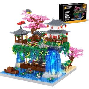 POKONBOY Peach Blossom Pond Building Blocks Set, Chinese Architecture Cherry Blossom Tree House Building Kit with LED Light Gift for Kids Adults Age 12+ (3320 Pcs, Micro Bricks)