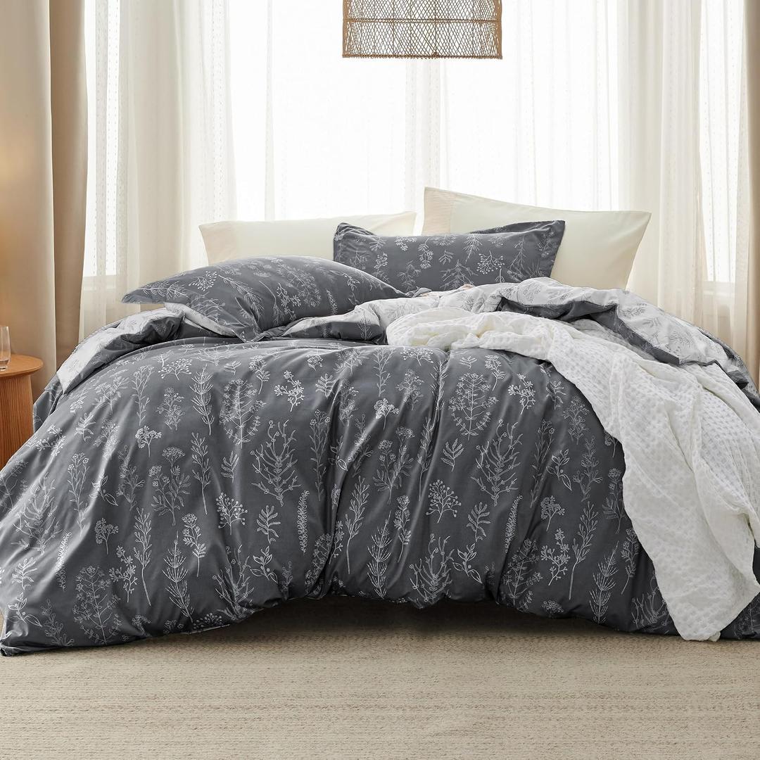Bedsure Queen Comforter Set - Dark Grey Bed Set, 3 Pieces Cute Floral Bedding, 1 Soft Reversible Botanical Flowers Comforter and 2 Pillow Shams