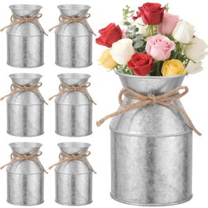 6 Pcs Farmhouse Metal Flower Vase Decor, 5.3 Inch Galvanized Milk Can Jug Vase with Twine Bow Rustic Flower Buckets for Centerpieces Floral Display Table Home Wedding Festival DIY Decorations