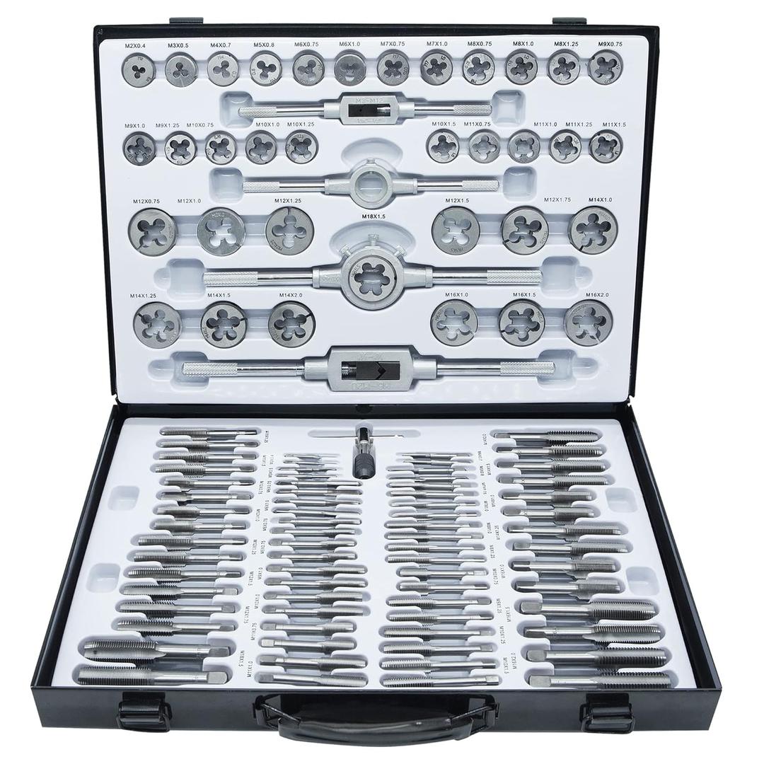 GMTOOLS 110PCS Tap and Die Set, Metric Size M2-M18 Standard Threading Tool With Adjustable Handles, Accessories and Storage Case for Cutting External and Internal Threads