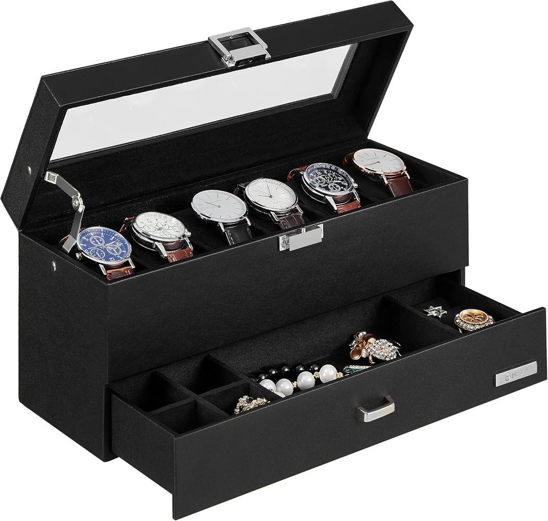 6-Slot Watch Box Organizer for Men, Watch Case with Real Glass Lid, 2 Layers Mens Jewelry box with 1 Drawer for Rings, Bracelets, Leather Watch Display Organizer, Gift Idea, Black