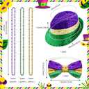 Geyoga 5 Pcs Mardi Gras Costume Accessories Set Mardi Gras Purple Green Gold Beads Necklaces Sequin Bow Tie Sequin Fedora Hat for Women Men Carnival Costume Masquerade Parade Party Decoration Supplies
