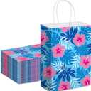 Kolldenn Set of 24 Cute Cartoon Blue Pink Hibiscus Party Gift Bags Hawaiian Party Favors Paper Goodie Candy Bags with Handles for Hawaiian Tropical Birthday Baby Shower Supplies (Bright)