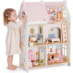 Giant bean Cloud Cottage Wooden Dollhouse for Girls with Furniture Set, Large