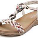 Unifizz Women's Summer Sandals Comfortable T-Strap Flower Beaded Classic Flat Elastic Sandals Dress Shoes for Outdoor Beach Wedding, Size 9,5
