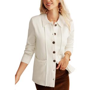GRACE KARIN Women's Long Sleeve Casual Cardigan Work Office Bussiness Shacket with Pocket, White, 2XL