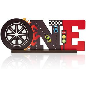 G1ngtar Race Car ONE Letter Sign Wooden Table Centerpiece Let’s Go Racing Checkered Theme 1st Birthday Party Decoration Supplies Milestone Cake Smash Baby Shower Photo Prop Table Decor for Baby Boys