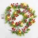 Breeze Touch 5.9FT Lighted Snow Christmas Garland, Olive Garland with Red Berries, Battery Operated Christmas Garland for Mantel, Staircase and Table Winter Holiday Decorations