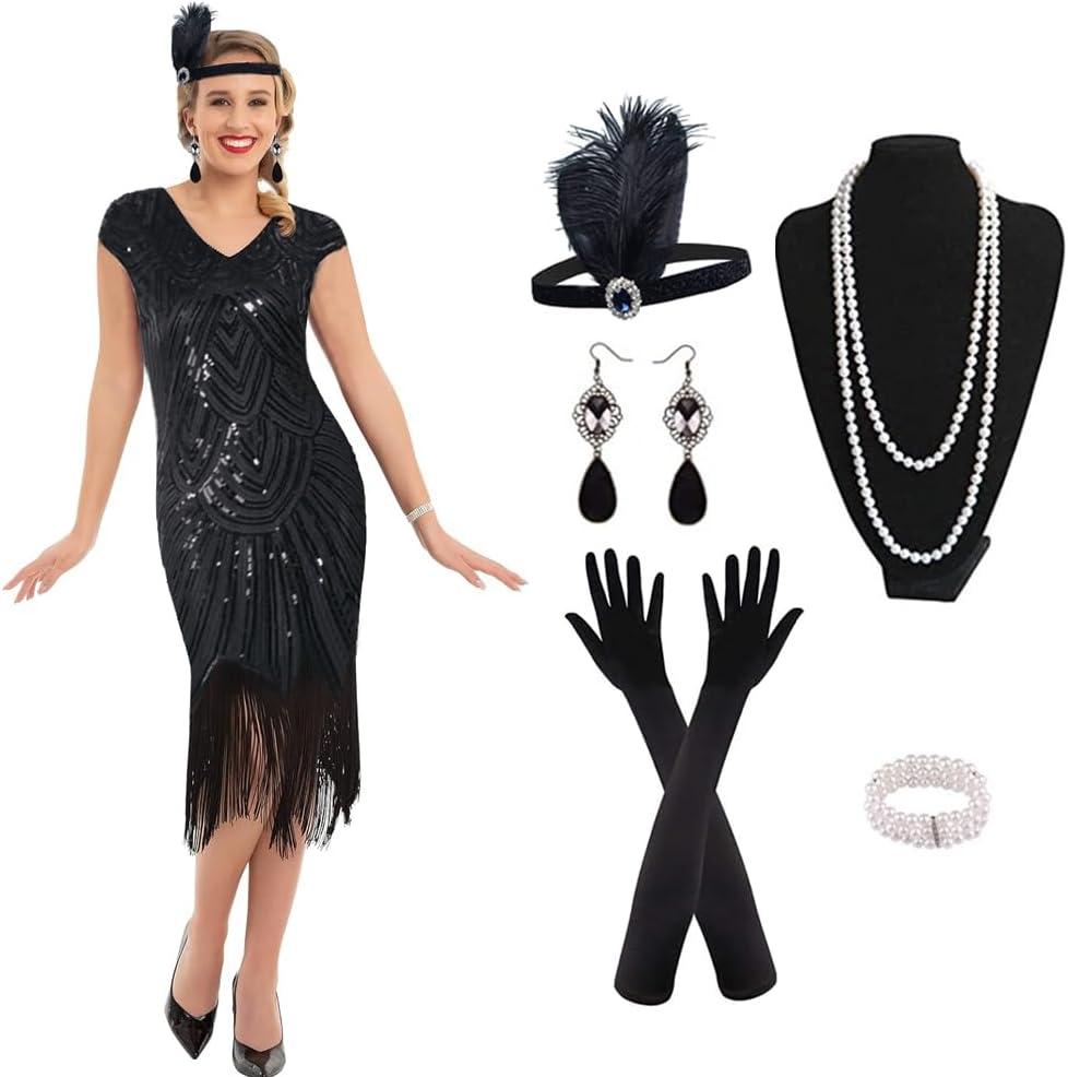 1920s Vintage Flapper Dresses Sequin Beaded Fringed Cocktail Dress with 20s Accessories Set (Small) 1920s Vintage Flapper Dresses Sequin Beaded Fringed Cocktail Dress with 20s Accessories Set (Small)
