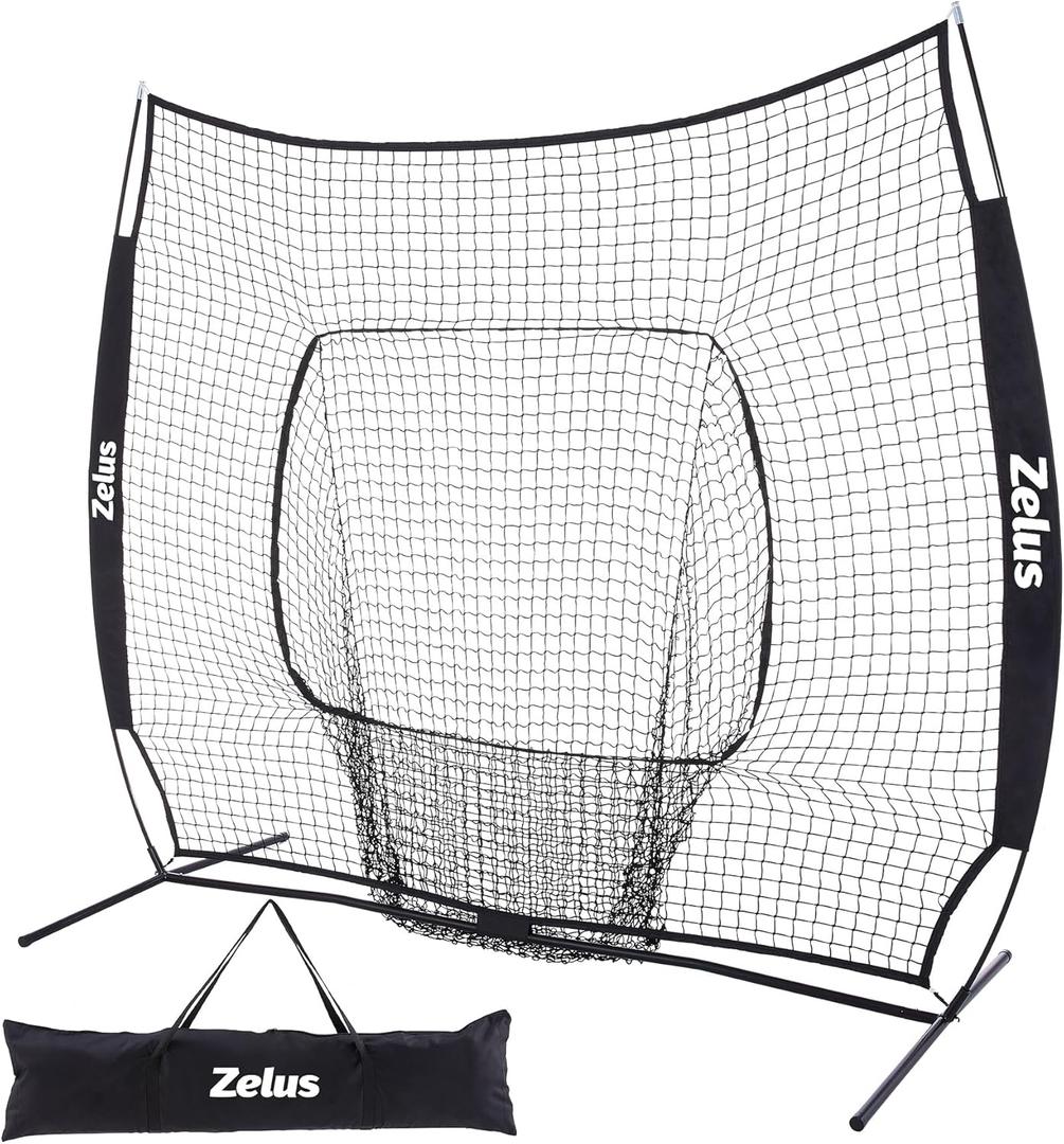 ZELUS Baseball Net 7 ft x7 ft, Softball Hitting & Pitching with Carry Bag, Ground Stakes, Portable Backstop & Bow Frame, Training Equipment for All Ages