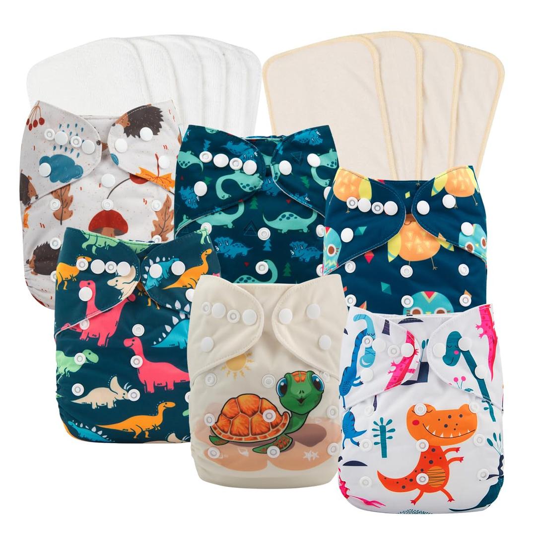 babygoal Reusable Cloth Diapers 6 Pack+10pcs Inserts, One Size Adjustable Washable Pocket Nappy Covers for Baby Boys and Girls