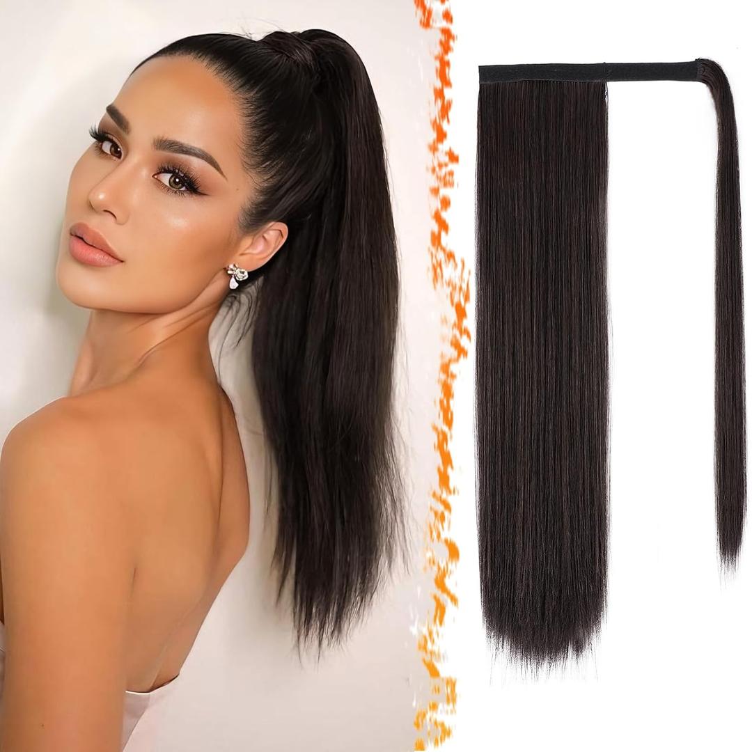 BARSDAR Dark Brown Straight Ponytail Extensions - 18 Inch Long Straight Wrap Around Ponytails for Women, Clip in Ponytail Hair Extensions Synthetic Pony Tails Hairpieces - Dark Brown Mixed