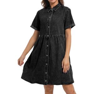 Denim Dress for Women Short Sleeve Button Down Summer Babydoll Casual Jean Dress Tunic Top (Medium)