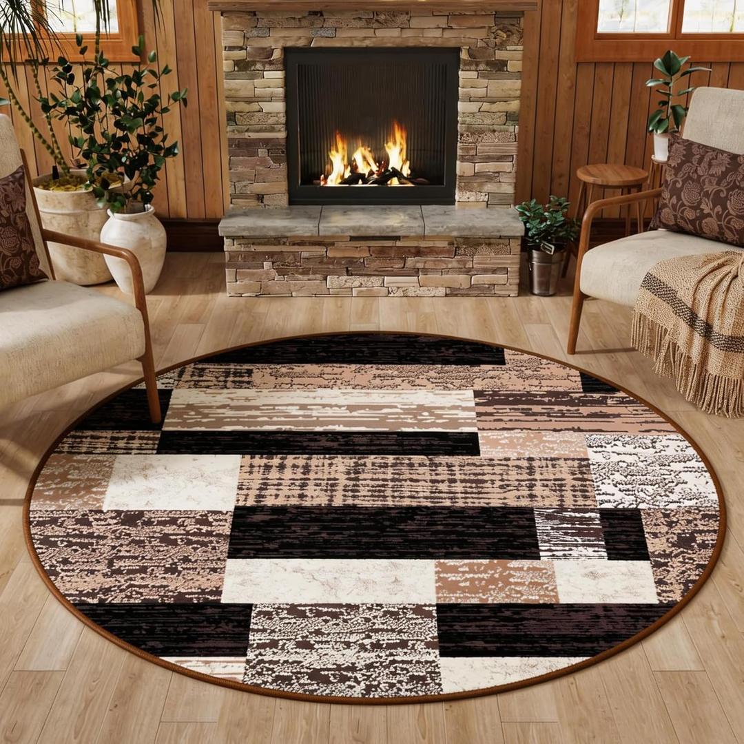 FlyDOIT Modern Round Area Rug for Living Room, 4Ft Washable Round Rug Chocolate Geometric Patchwork Circle Rugs for Dining Room Table, Small Circular Floor Carpet for Bedroom Home Office