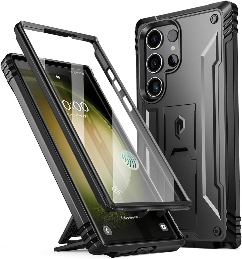 Poetic Revolution Case Compatible with Galaxy S23 Ultra 5G 6.8 inch, Full Body Rugged Shockproof Protective Cover Case with Kickstand, Built-in Screen Protector Work with Fingerprint ID, Black