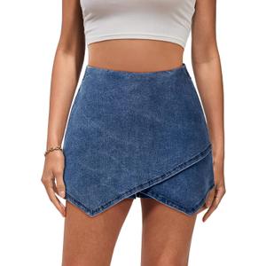 luvamia Jean Skorts for Woman High Waisted Pull On Stretchy Denim Wrap Skirt with Shorts Trendy Asymmetrical Skort (Large, Classic Blue)