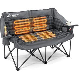 Huskfirm Heated Double Camping Chair, Oversized Camping Loveseat with 4 Heating Zones and 3 Temperature Settings, Portable Heated Double Chair for Outdoor Use（Battery Not Included）