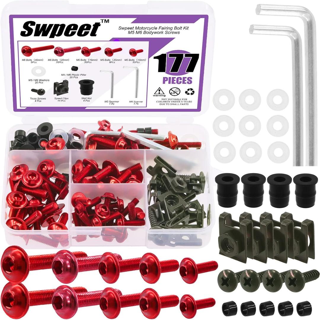 Swpeet 177Pcs 2 Sizes M5 M6 Motorcycle Fairing Bolt Assortment Kit, Motorcycle Windscreen Screws Fasteners Fixing Sportbike Bolts Fairing for All Models & Years Sport Bikes (Red)