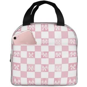 DADABULIU Lunch Bag Pink Check Bow Pattern Insulated Lunch Box Cooler Tote for Adults Student Boys Girls Women Men Work Office School Picnic Beach Reusable Lunchbox Over 3 Years Old