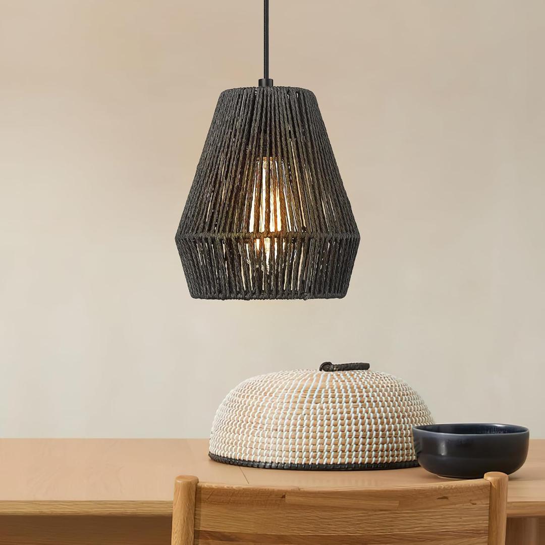Woven Pendant Light Fixtures, ELYONA 7" Farmhouse Coastal Hanging Lamp with Matte Black Handwoven Rattan Basket Shade Modern Boho Pendant Light for Kitchen Island Dining Room Bar Bedroom Foyer Hallway