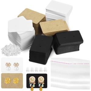 Swpeet 800Pcs Earring Hanging Cards Kit: 300Pcs 3 Styles 1" x 1.4" Earring Holders, 200Pcs Silicone Ear Backs, 300Pcs Clear Self-Adhesive Bags