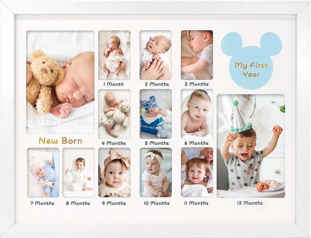 My First Year Photo Frame 12x16, Baby's First Twelve Months 4x6 and 2x3 Wallet Pictures Milestone Board Keepsake, as New Mom Baby Newborn Gift, White