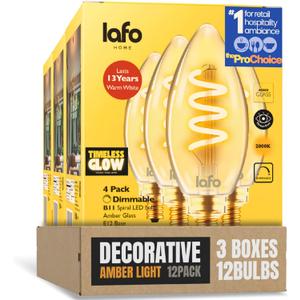 TimelessGlow 12 Pack Dimmable B11 LED Candelabra Bulb 3W 25W Equivalent Warm Amber 2000K E12 Base CRI80 Amber Glass Spiral Filament ETL FCC Certified Flicker Free Decorative Lighting