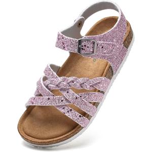 Torotto Girls Sandals with Cork Footbed Adjustable Buckle Casual Slides Sandals Open Toes Flat for Kids Toddler (3 Big Kid, Pink)