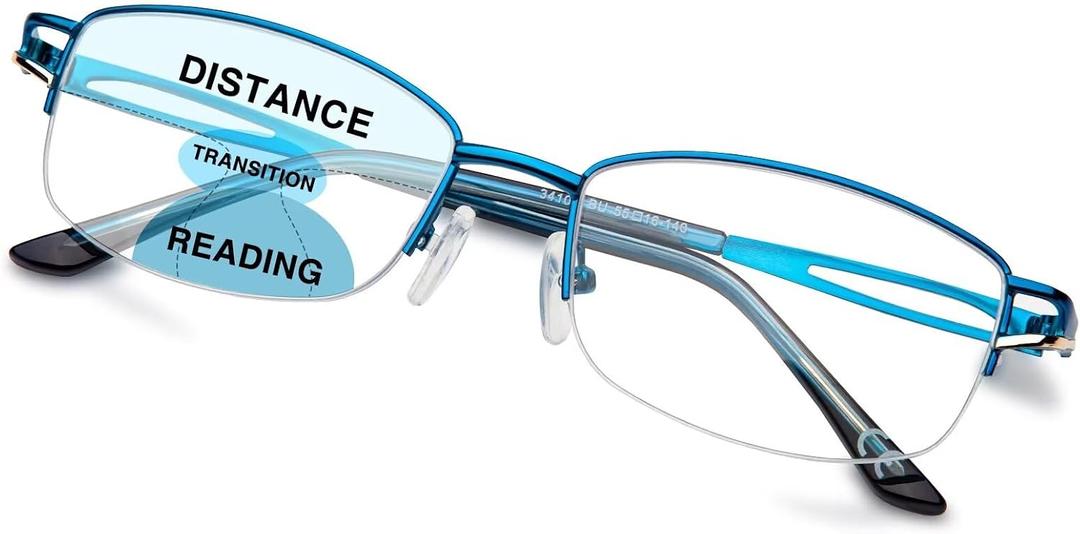 LianSan Metal Zero Top Progressive Multifocus Reading Glasses - for Women Half-Rim Blue Light Blocking Readers Clear Top Blue 2.00