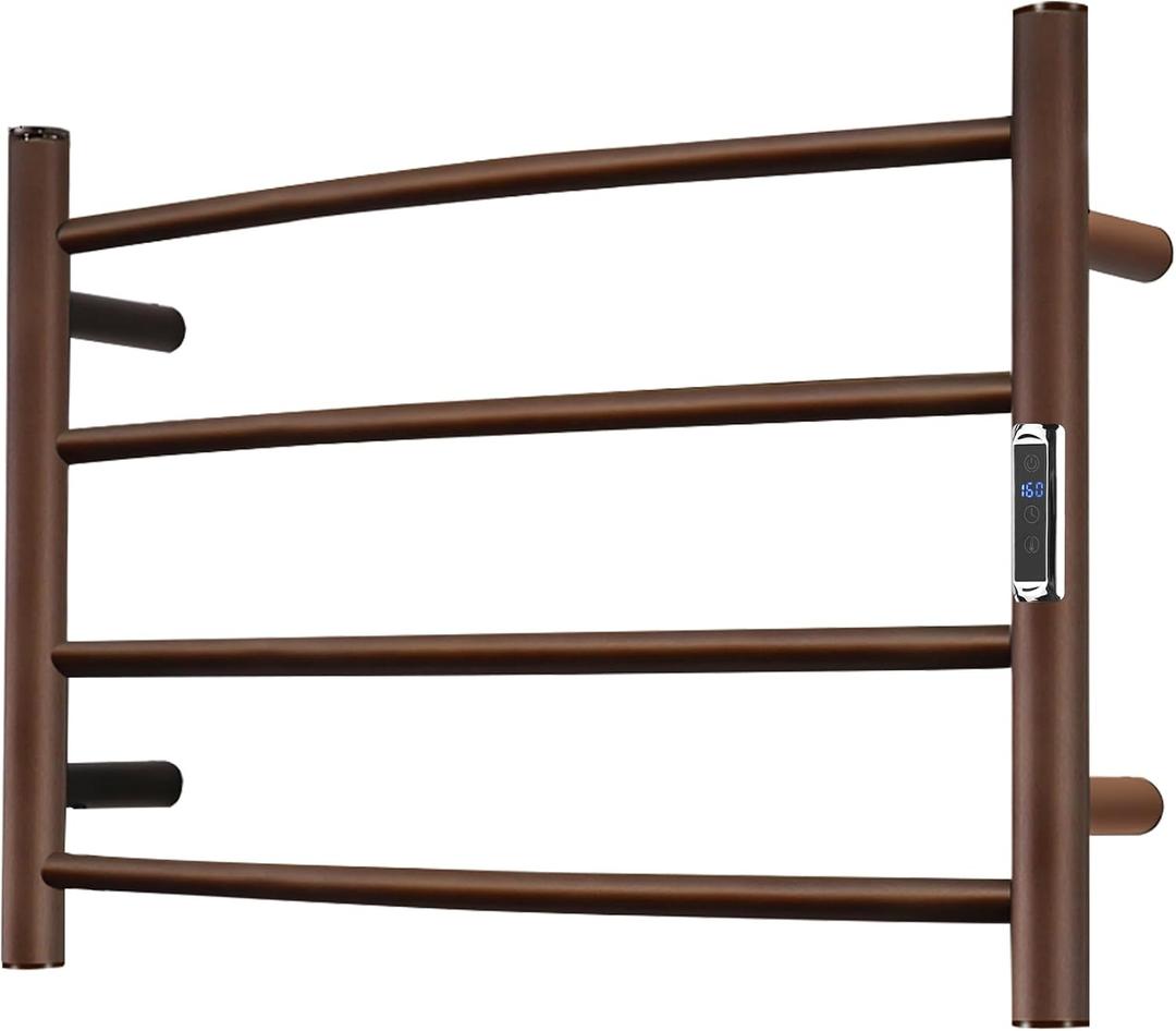 Towel Warmer with Built-in Timer Bathroom Wall Mounted Bath Towel Heater Plug-in Electric Heated Towel Rack Stainless Steel Curved Round Oil Rubbed Drying Rack 16.54x23.62x5.51 inches ORB