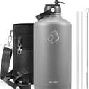 BUZIO Gallon Water Bottle Insulated, 128 oz Large Water Jug Vacuum Stainless Steel Big Metal Flask (Cold for 48 Hrs), Leak Proof & BPA-Free, with Straw and Spout Lids, Grey