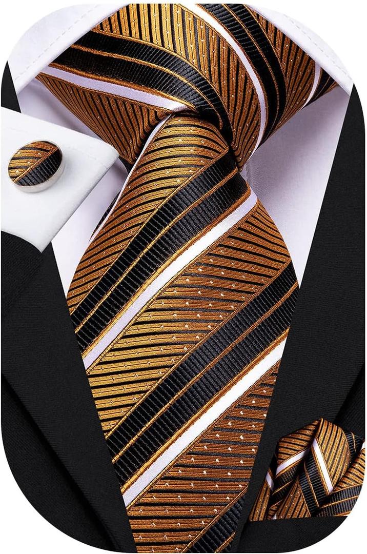 Hi-Tie Silk Ties for Men Plaid Paisley Striped Necktie Pocket Square Cufflinks Set Formal Business (Black)