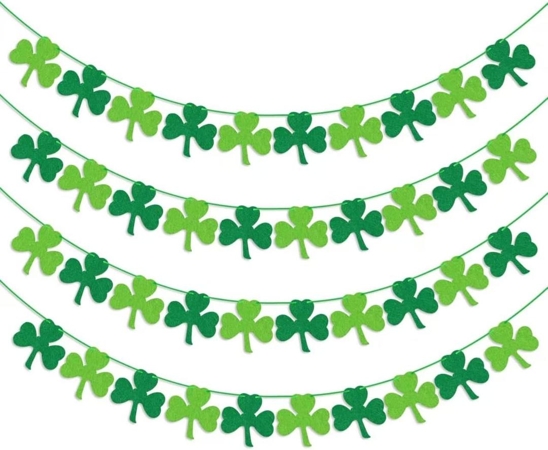 St Patricks Day Decorations - 4PCS Shamrock Garland Banner for Irish Party Supplies, DIY Clover Hanging Banners for Home Mantel Wall Decor, 8.2ft Long, Green & Light Green Felt